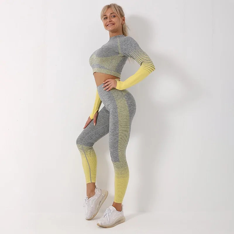 Seamless Ombre Long Sleeve Yoga Set: Women&
