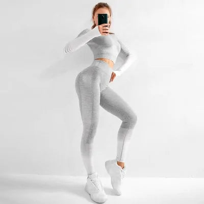 Seamless Ombre Long Sleeve Yoga Set: Women&