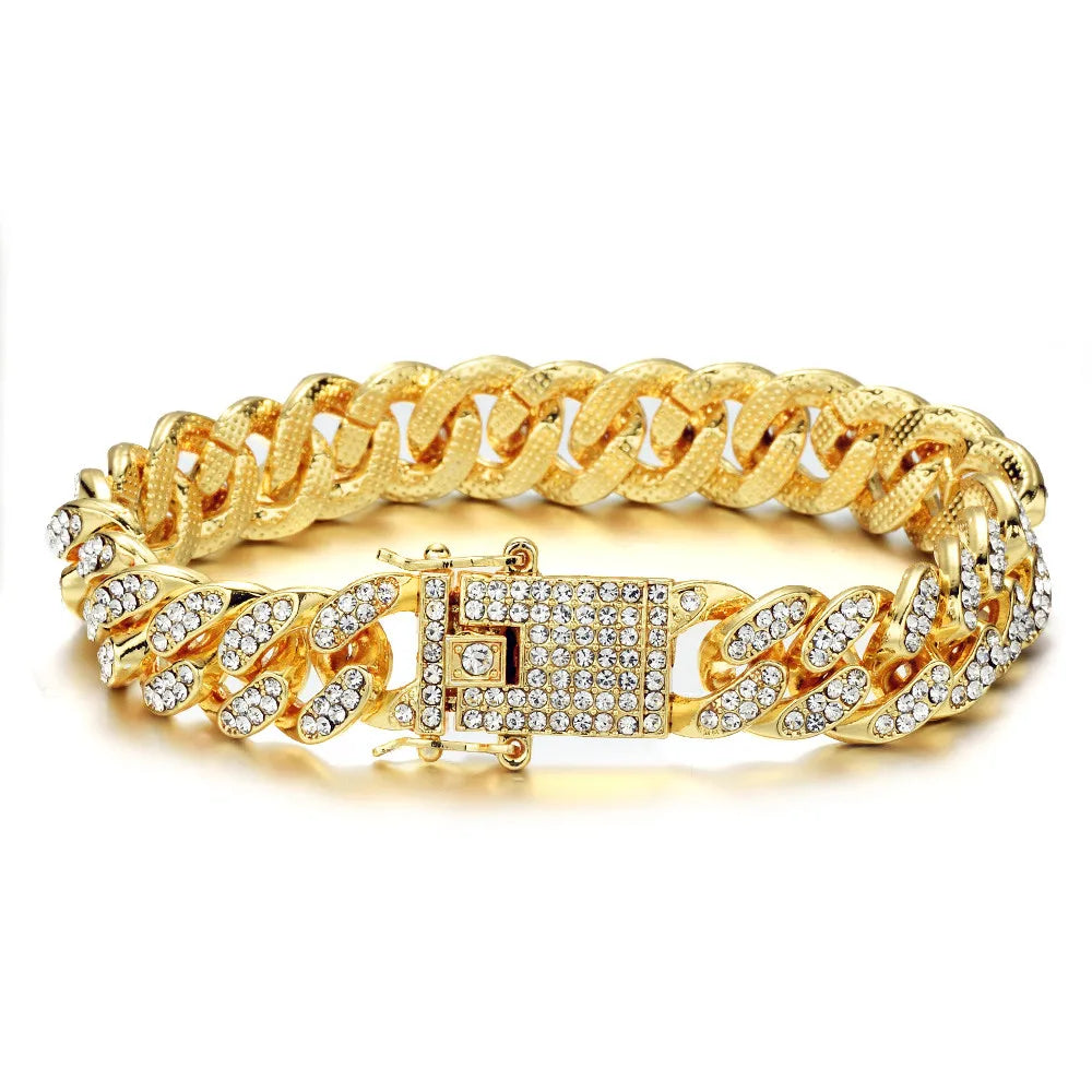 Necklace +Watch+Bracelet Hip Hop Miami Curb Cuban Chain Gold Plated Full Iced Out Paved Rhinestones CZ Bling For Men Jewelry