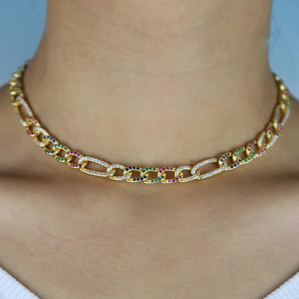 35+10cm Iced Out Miami Curb Cuban Link Chain Micro Pave White Rainbow Colorful Cz Choker Necklaces Hip Hop Women Fashion Jewelry