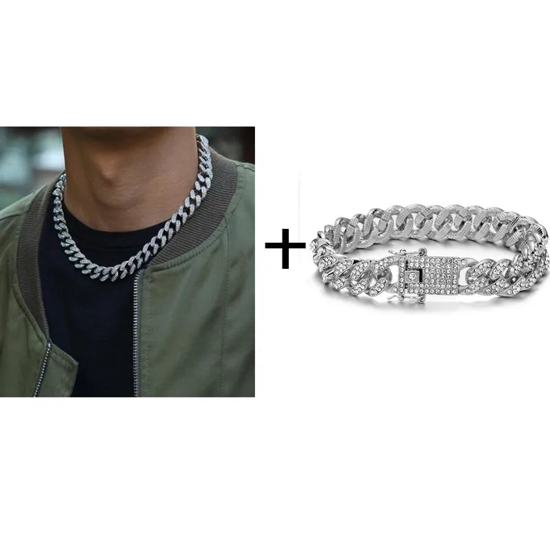 Necklace +Watch+Bracelet Hip Hop Miami Curb Cuban Chain Gold Plated Full Iced Out Paved Rhinestones CZ Bling For Men Jewelry