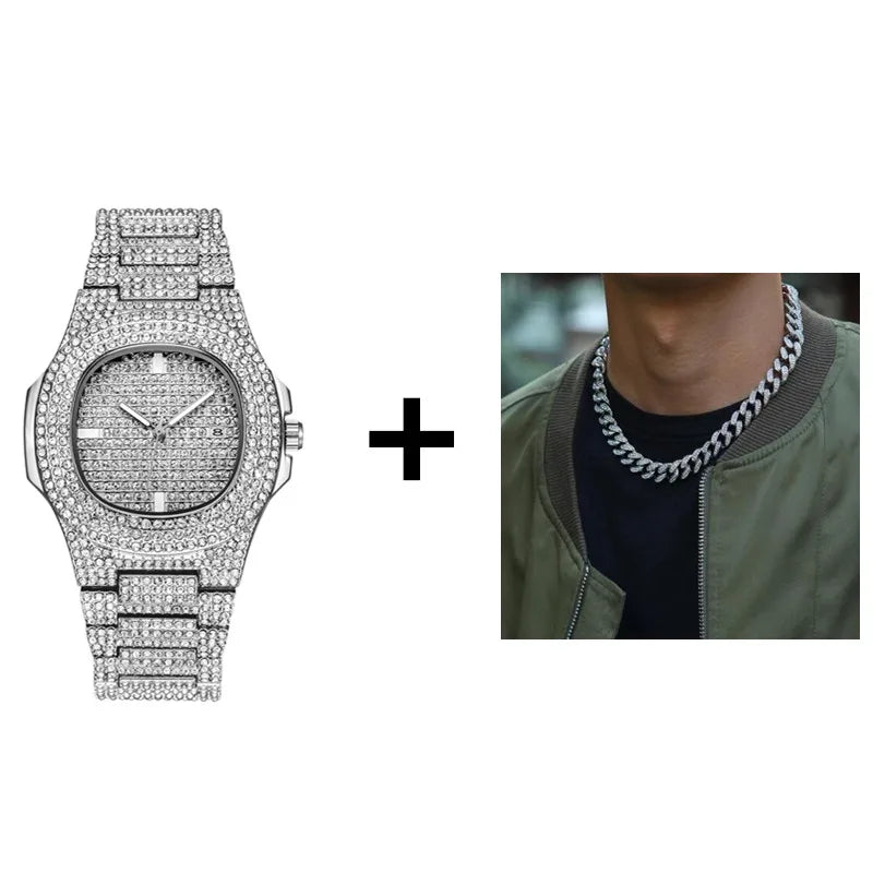 Necklace +Watch+Bracelet Hip Hop Miami Curb Cuban Chain Gold Plated Full Iced Out Paved Rhinestones CZ Bling For Men Jewelry