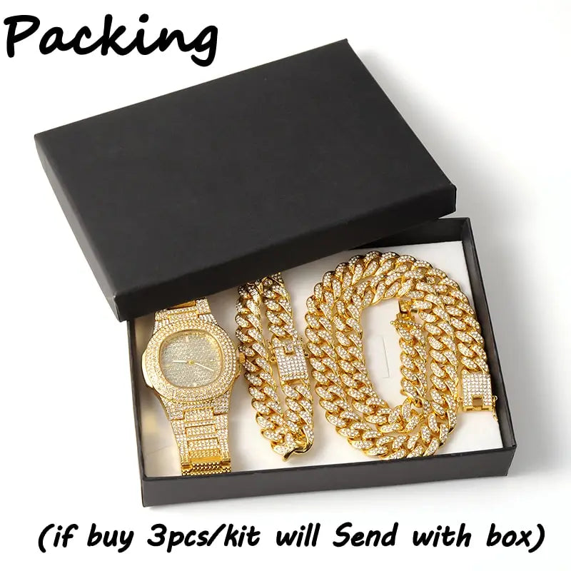 Necklace +Watch+Bracelet Hip Hop Miami Curb Cuban Chain Gold Plated Full Iced Out Paved Rhinestones CZ Bling For Men Jewelry