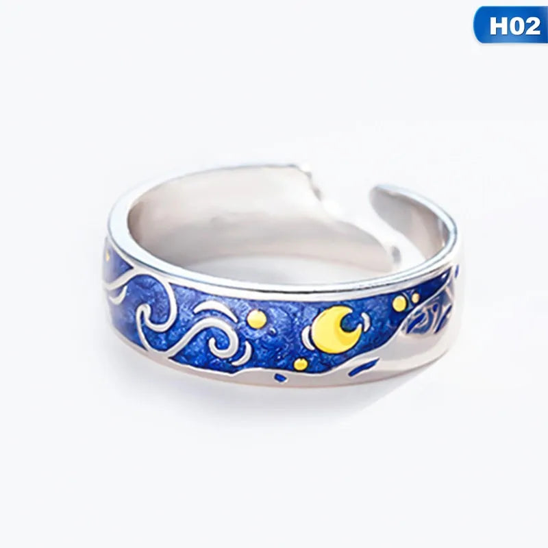 Adjustable Van Gogh Starry Night Couple Rings: Silver with Blue Stars - Valentine&