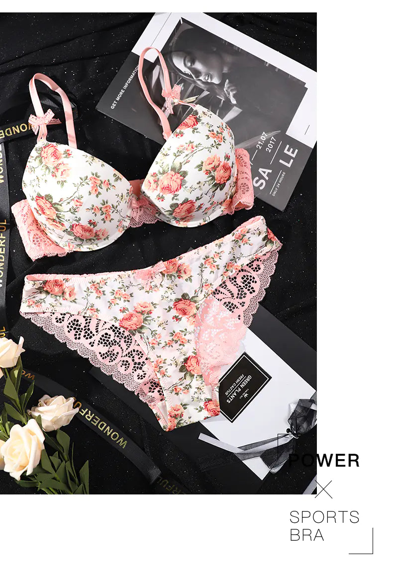 French Lace Edge Floral Print Bra Set for Women