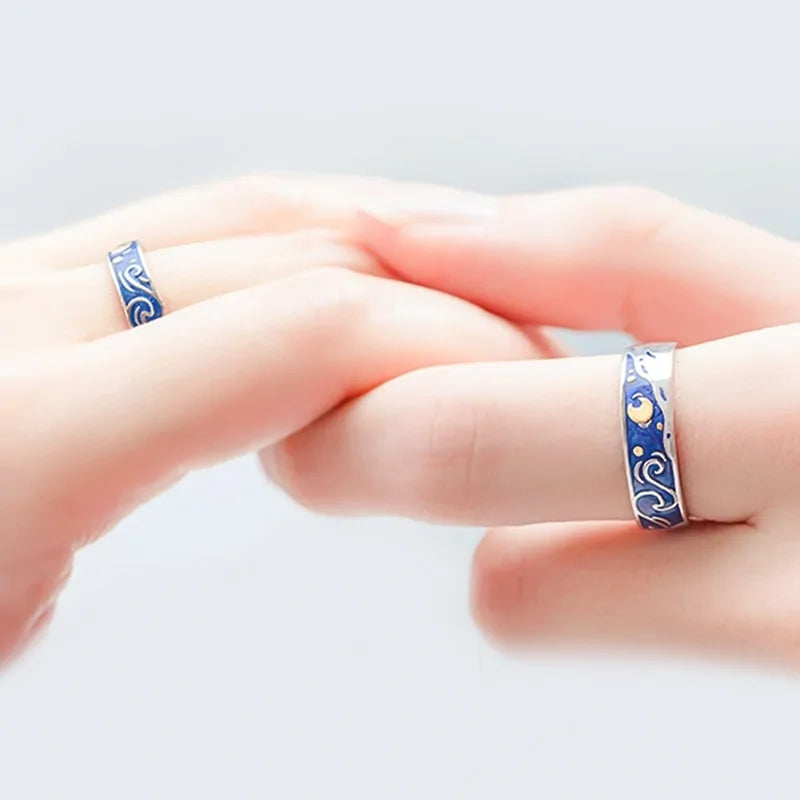 Adjustable Van Gogh Starry Night Couple Rings: Silver with Blue Stars - Valentine&