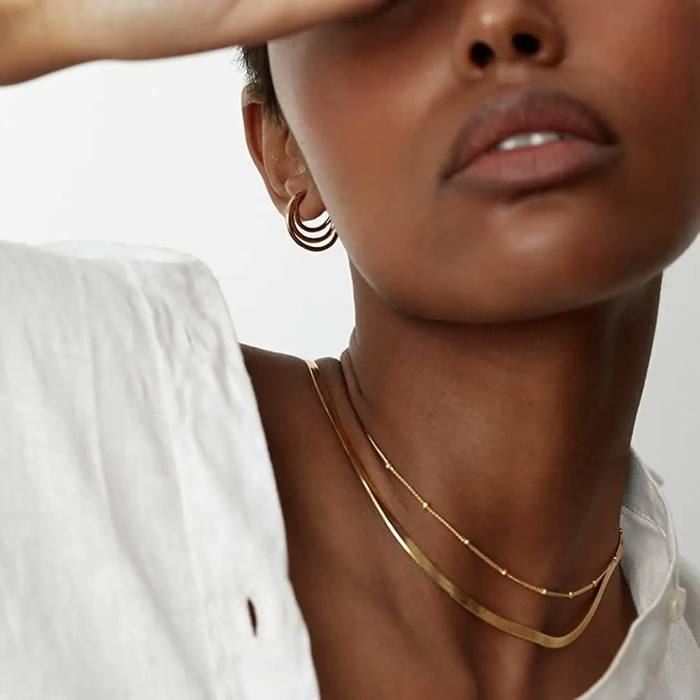 Herringbone Necklace for Women,Dainty Gold Necklace,14k Gold Plated Snake,Gold Chain Choker Necklaces,Simple Gold Layered Necklaces,Gold Jewelry Gift for Women Beads+Snake+Figaro