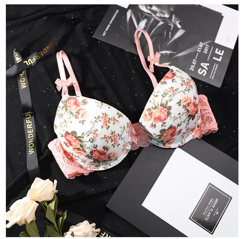 French Lace Edge Floral Print Bra Set for Women