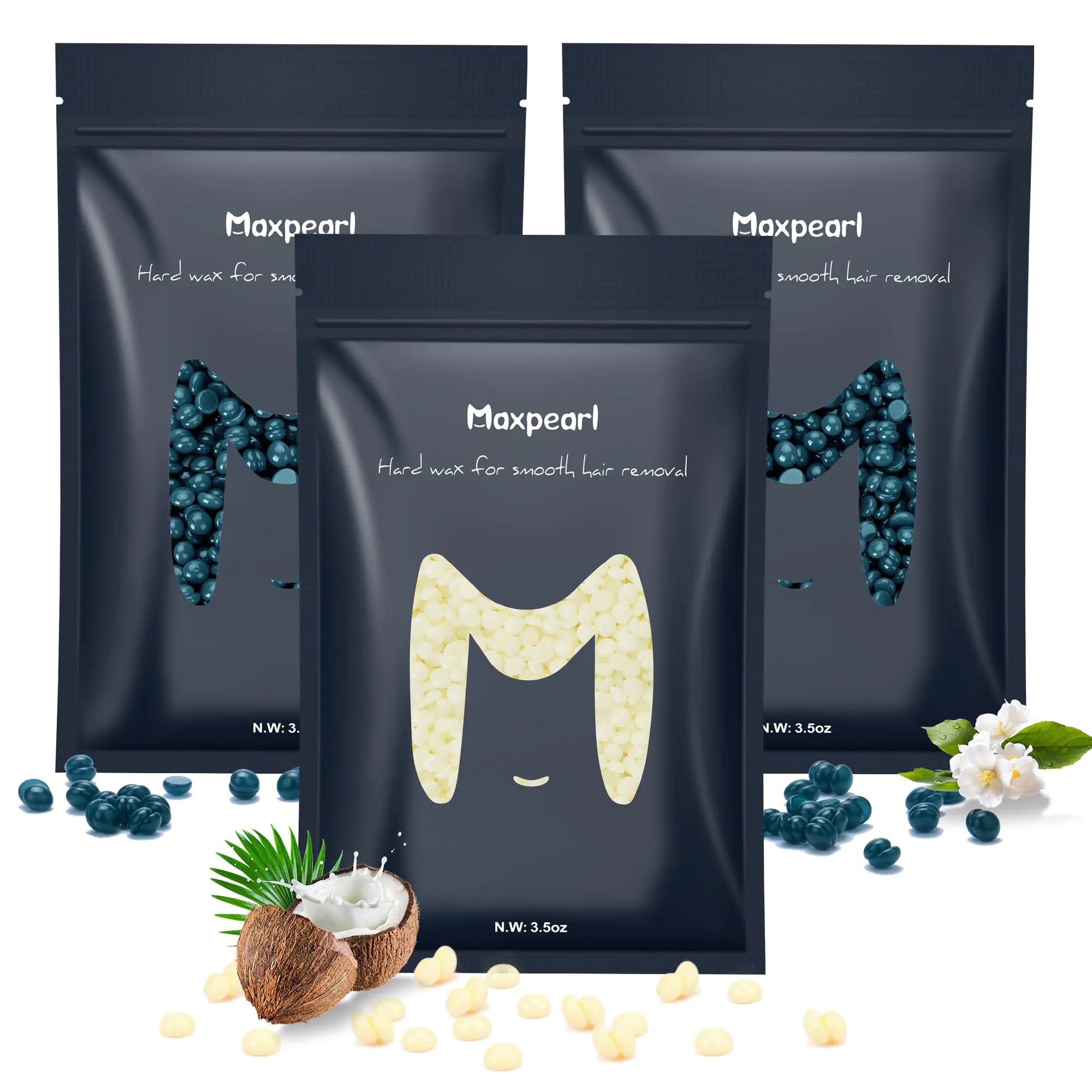 Maxpearl Hard Wax Beads, Pack of 3 Hair Removal Wax Beans Refill - Brazilian, Bikini Waxing, Face, Eyebrows, Underarms, Arms, Chest, Back, Legs - Coconut & Jasmine Formula, 300g Green & Cream