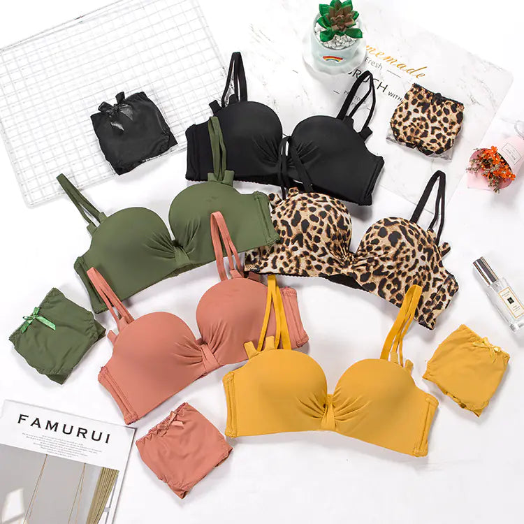 Wireless Push-Up Leopard Print Bra Set for Women