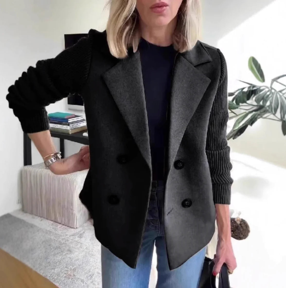Women's Double-Breasted Lapel Coat with Knitted Sleeves