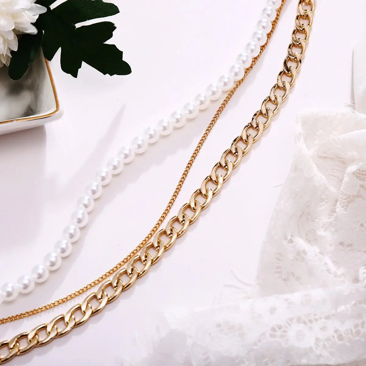 Pearl and Curb 3 Piece Layer 18K Gold