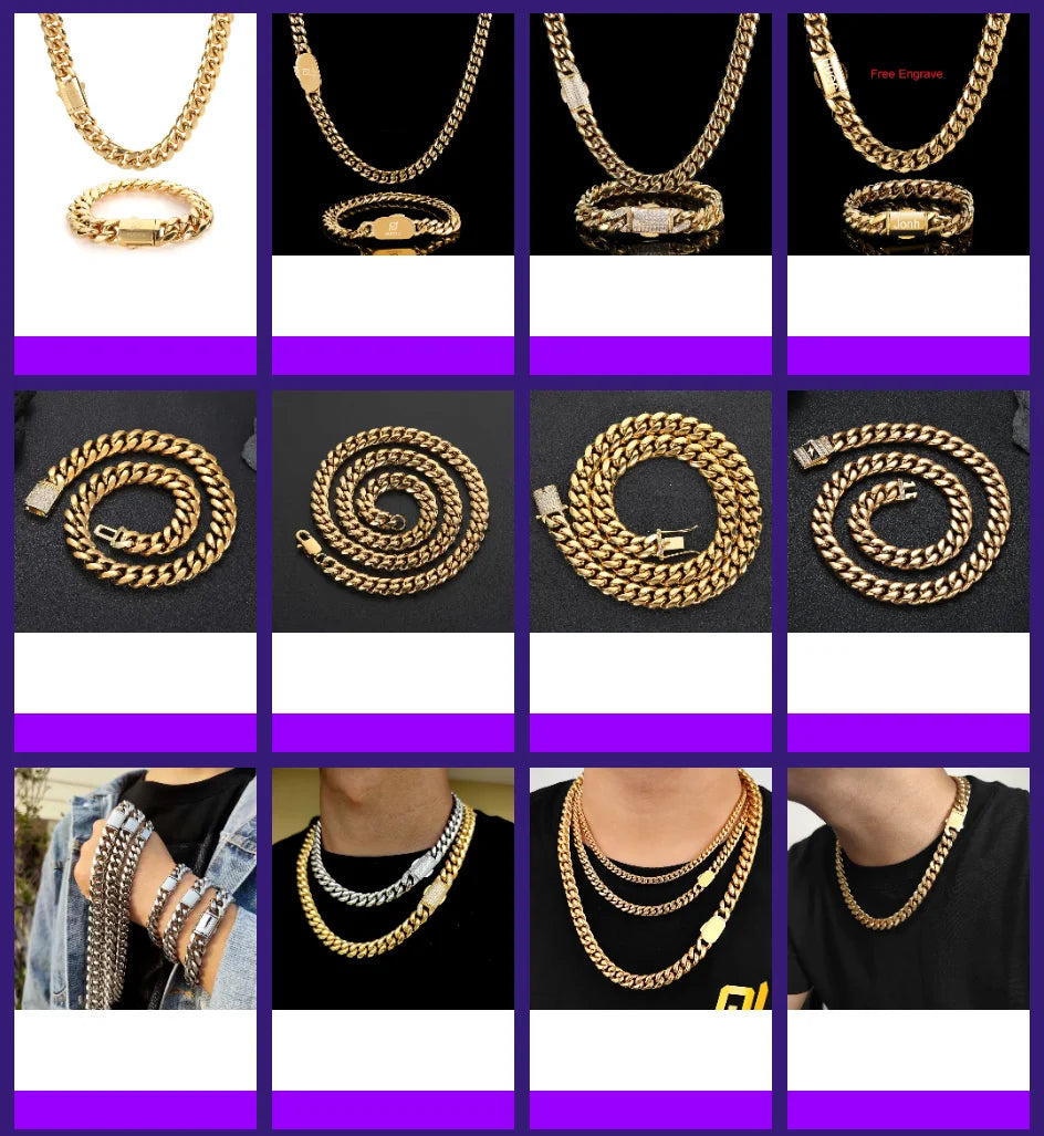 Hip Hop Stainless Steel Cuban Link Chain Necklace For Men Women Cuban Bracelet Jewelry Custom Logo On Front Back