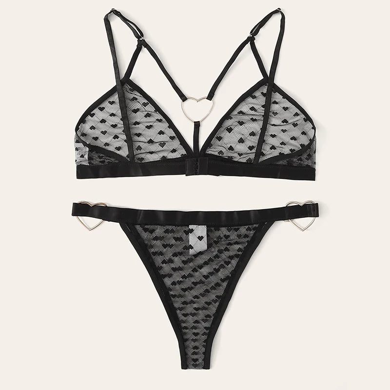 Sexy Bra Set Heart Print Lingerie Set Ring Linked Erotic Lingerie 2 Pcs Women&