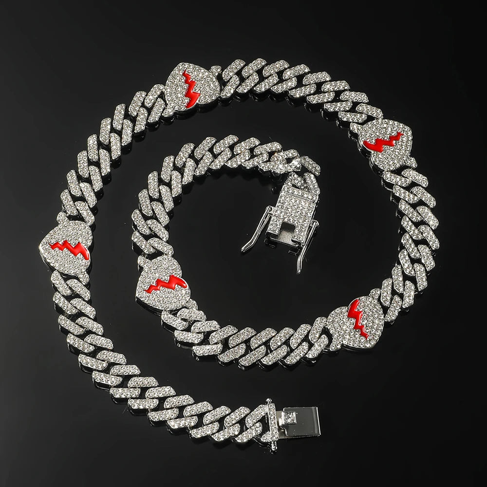 Hip Hop Broken Love Heart Rhombus Cuban Chain Bracelet Men Women 12mm Iced Out Alloy Inlaid Rhinestone Necklaces Fashion Jewelry