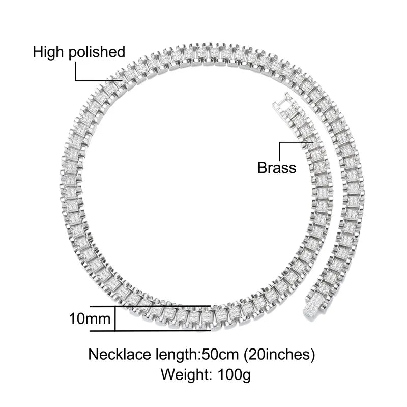 D&Z New 10mm Iced Out Watch Band Cuban Link Chain Necklace Brass Material Iced Out Bling AAA CZ Stones For Men Women Jewelry