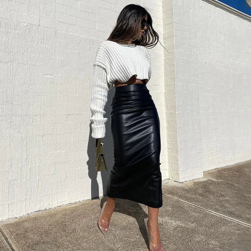 Retro PU Leather High-Waisted Bodycon Midi Skirt