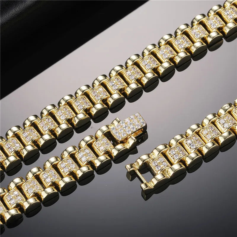 D&Z New 10mm Iced Out Watch Band Cuban Link Chain Necklace Brass Material Iced Out Bling AAA CZ Stones For Men Women Jewelry