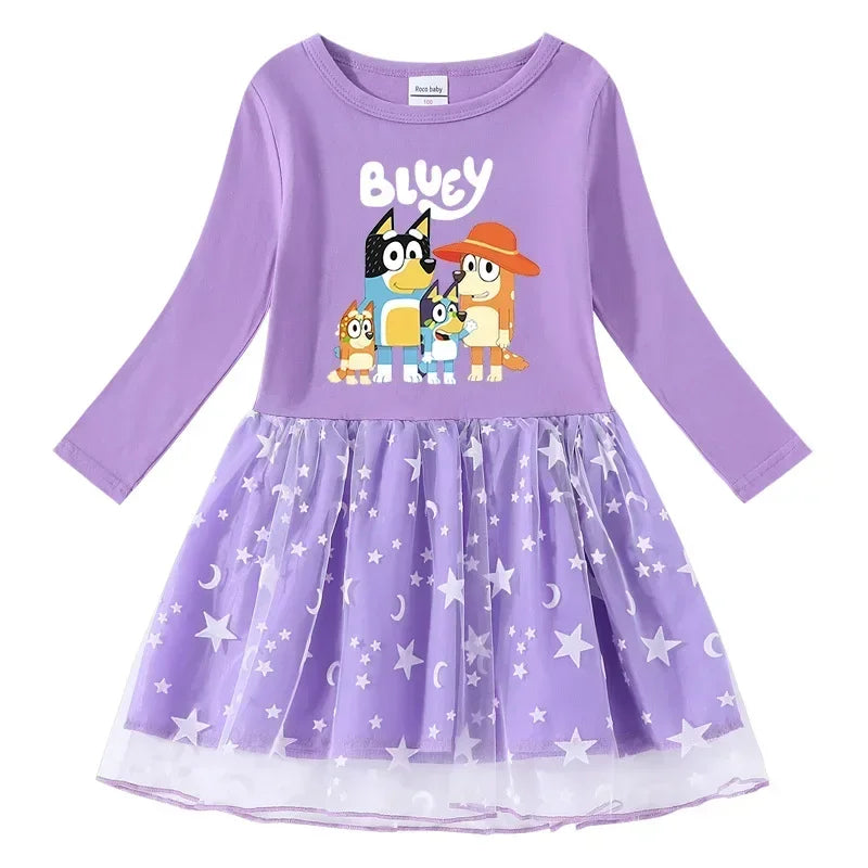 Animation Peripheral Long Sleeved Princess Dress Cute Star Long Sleeved Dress Bluey Pure Cotton Children&
