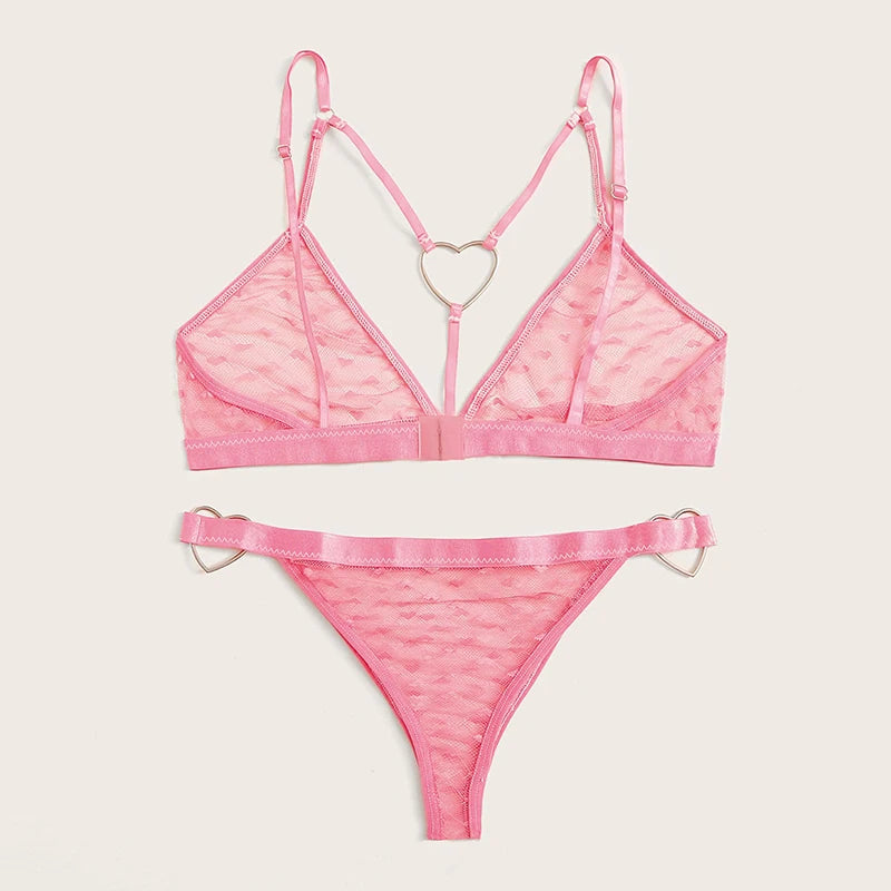 Sexy Bra Set Heart Print Lingerie Set Ring Linked Erotic Lingerie 2 Pcs Women&