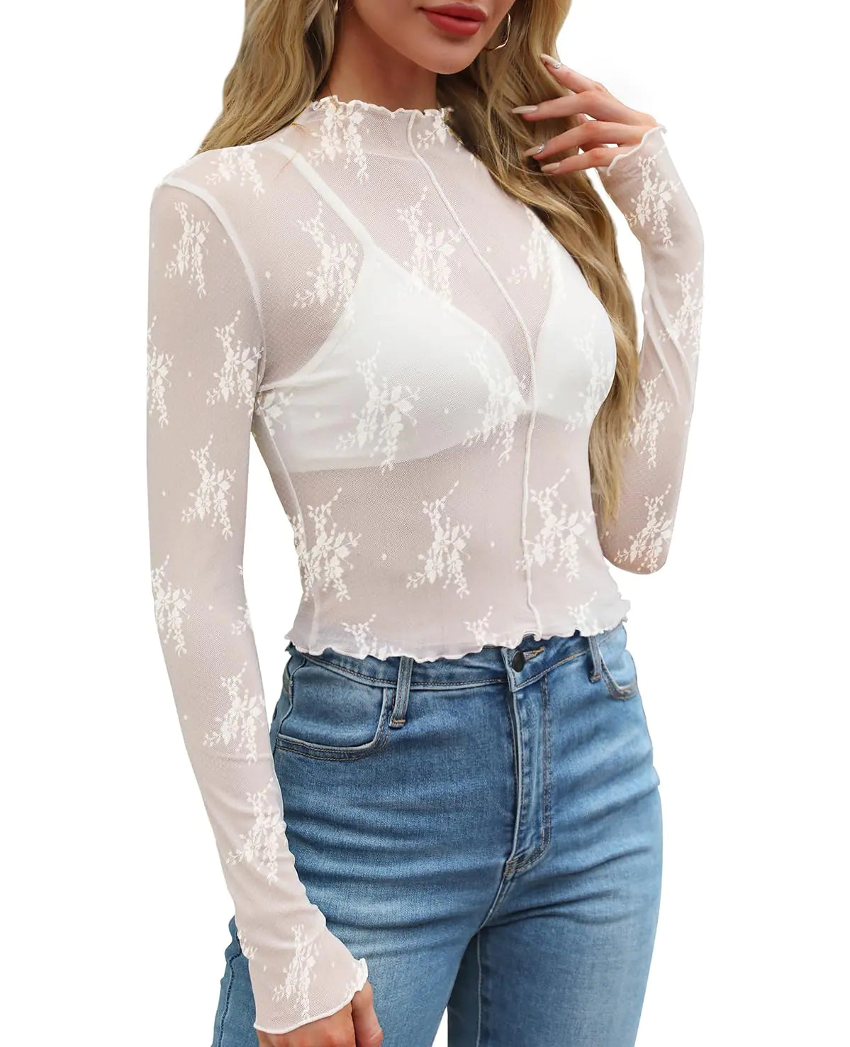 WIHOLL Womens Mesh Sheer Tops Sexy Crew Neck Summer Loose FIt Party Clubwear Shirts Large A-1white Lace