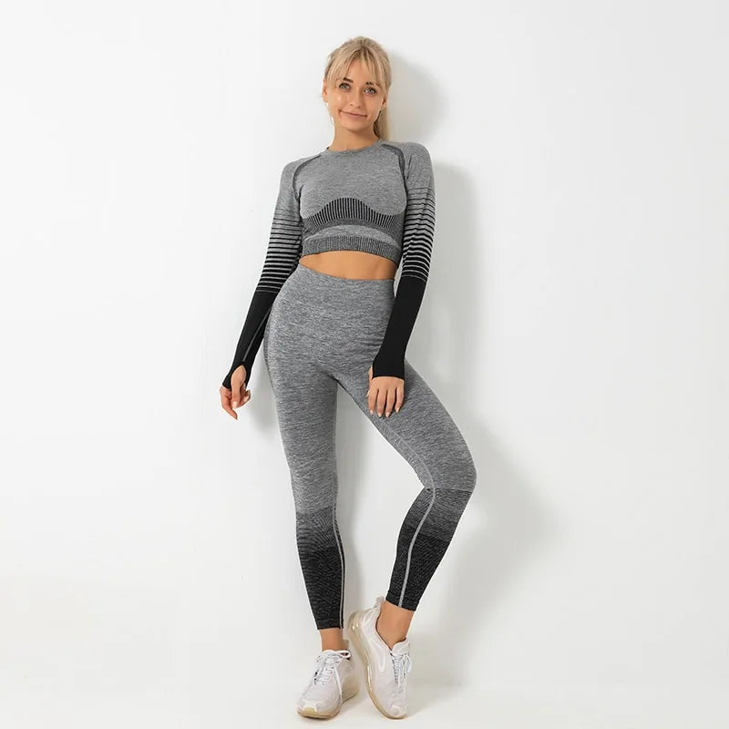 Seamless Ombre Long Sleeve Yoga Set: Women&