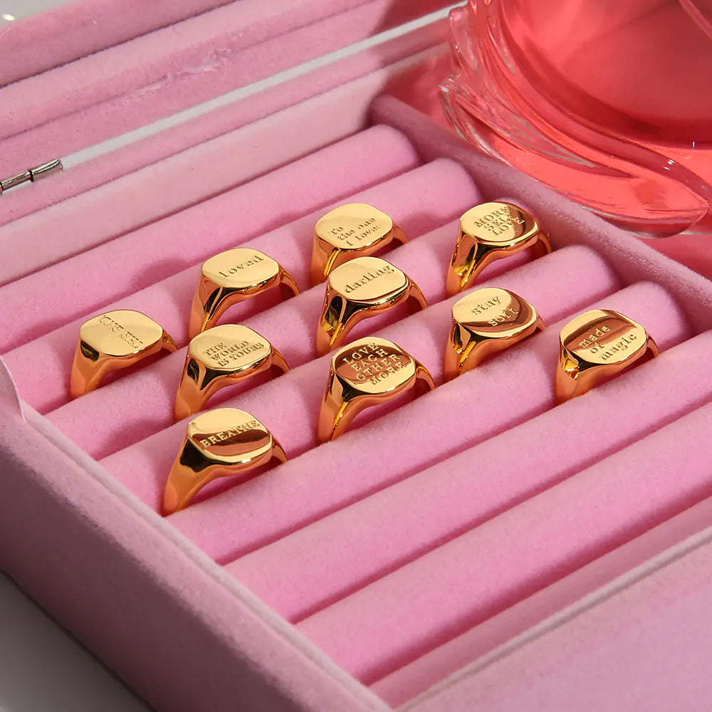 Engraved Letter Word Signet Ring: 18K Gold Plated Stainless Steel