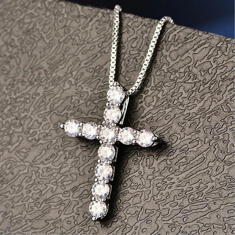 Crystal Cross Pendant Silver Chain Necklace - Fashionable Women&