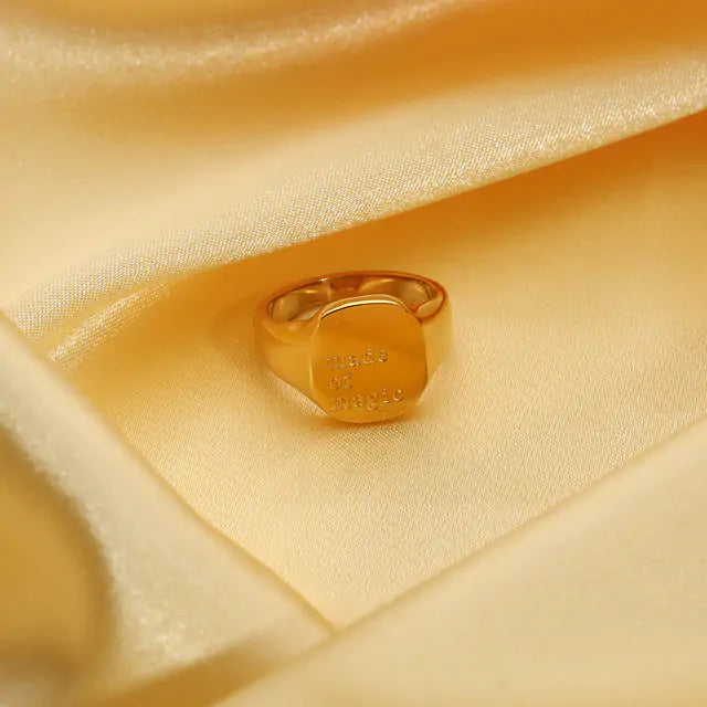 Engraved Letter Word Signet Ring: 18K Gold Plated Stainless Steel
