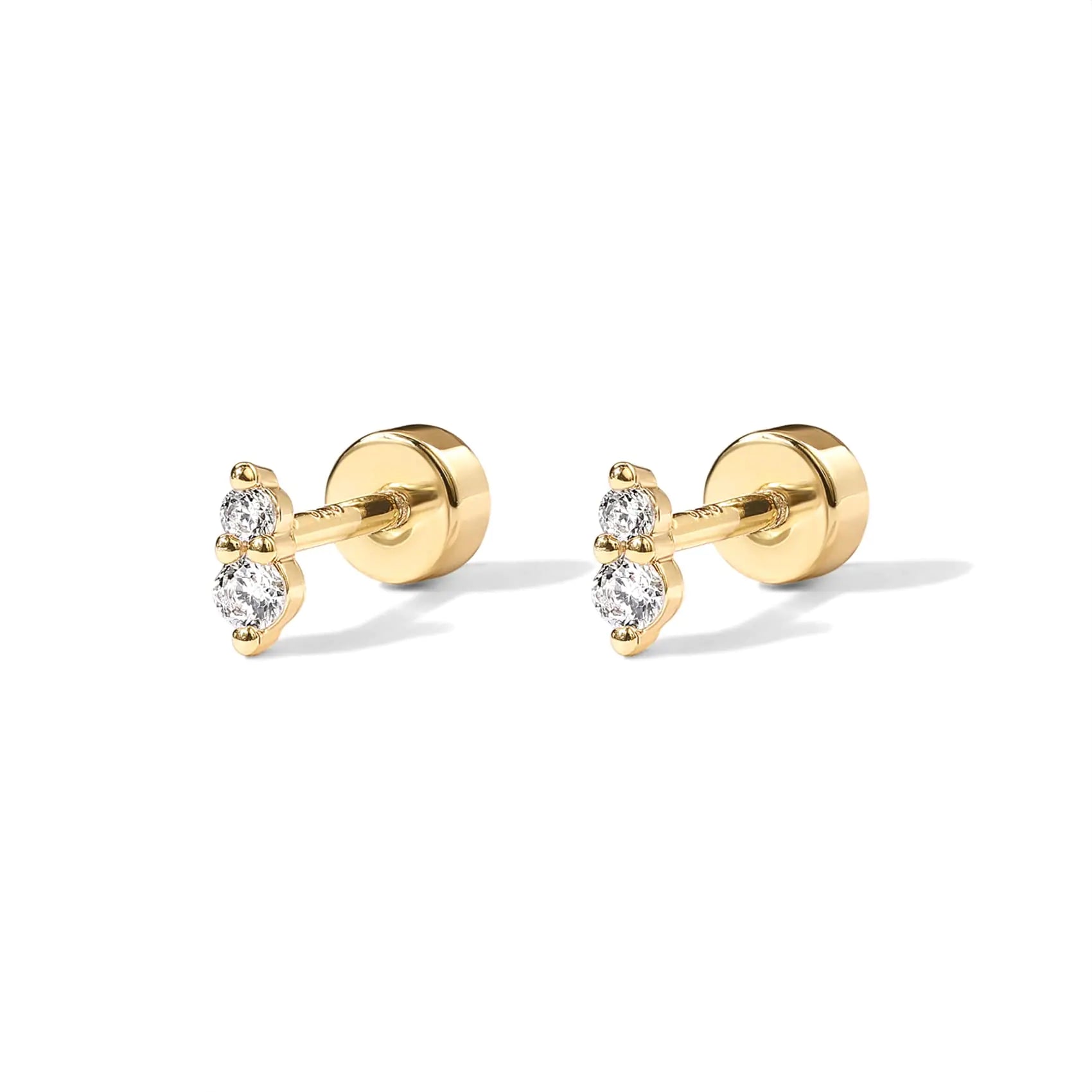 PAVOI 14K Gold Plated Solid 925 Sterling Silver Post Cubic Zirconia Flat Back Earrings for Women | Cartilage Earring | Helix Piercing Jewelry | Small Stud Earrings | Trinity, Pearl, Marquise, Opal Yellow Gold Deux