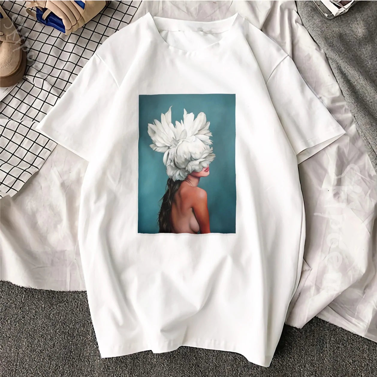 Sexy Flowers Feather Print Short Sleeve Tops