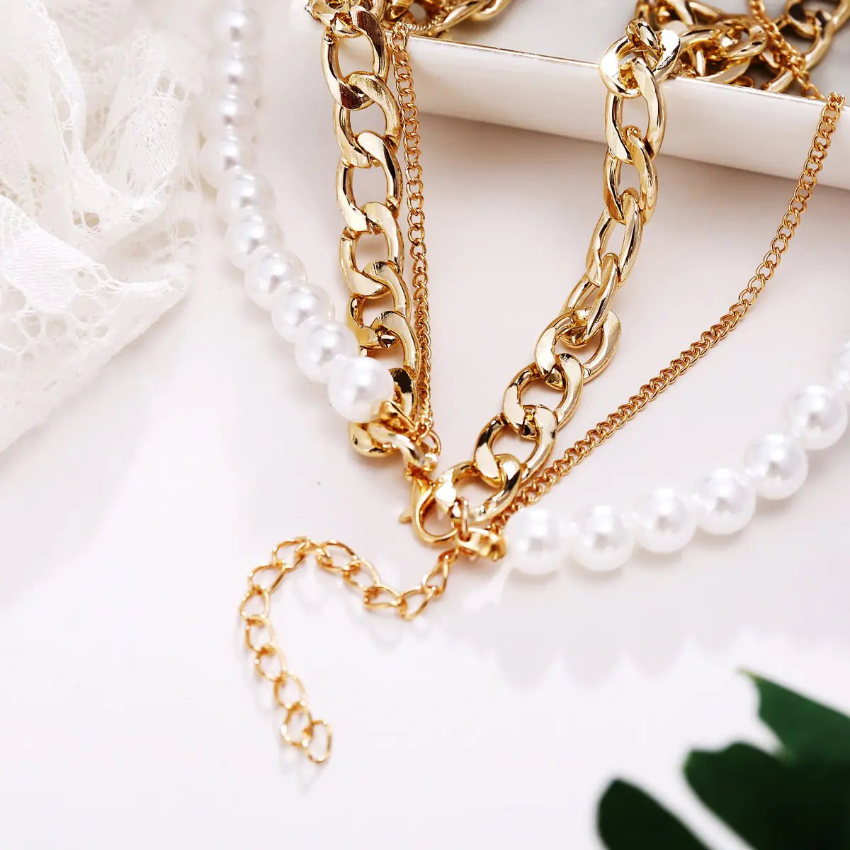 Pearl and Curb 3 Piece Layer 18K Gold