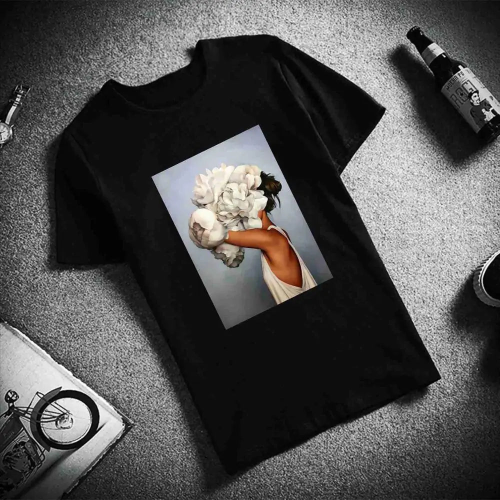 Sexy Flowers Feather Print Short Sleeve Tops
