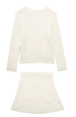 Women's Knit Set with Pearl-Embellished Skirt (One Piece)