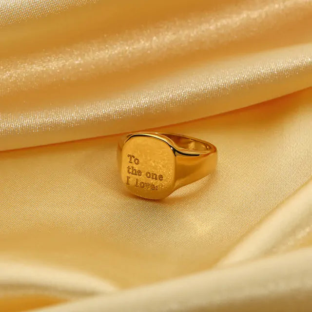 Engraved Letter Word Signet Ring: 18K Gold Plated Stainless Steel