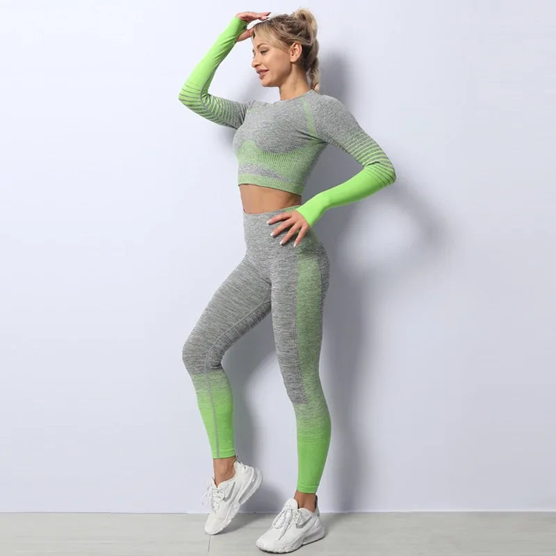 Seamless Ombre Long Sleeve Yoga Set: Women&