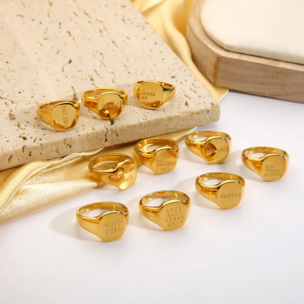 Engraved Letter Word Signet Ring: 18K Gold Plated Stainless Steel