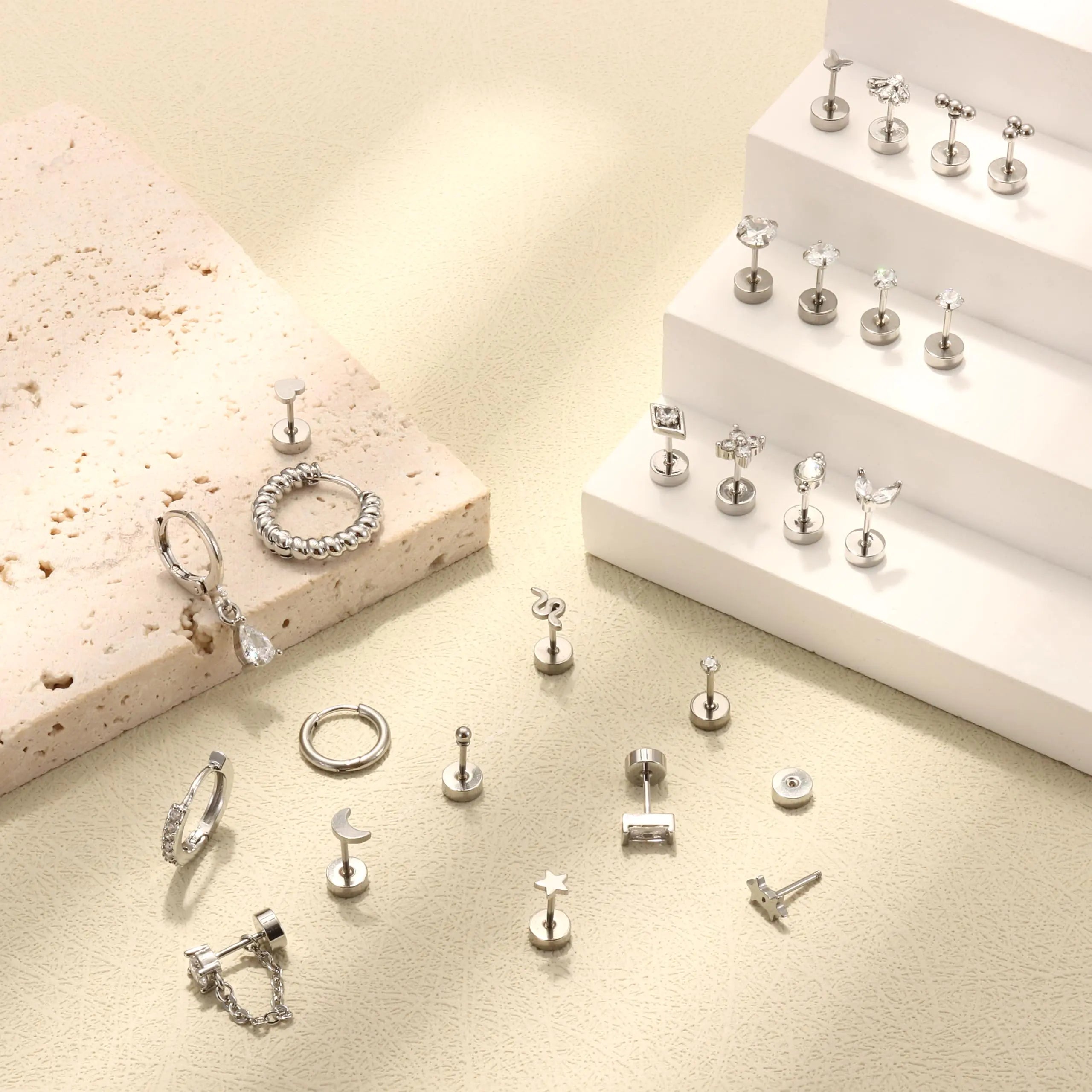 ADRAMATA Tiny Gold Flat Back Earrings for Cartilage Surgical Steel Stud Hoop Earrings Set for Multiple Piercing Cute Star Moon Snake Butterfly CZ Chain Dangle Emerald Green Earrings Helix Piercing Jewelry Hypoallergenic 20G Silver Single Earrings