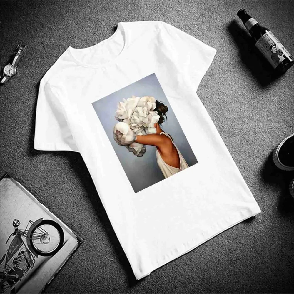 Sexy Flowers Feather Print Short Sleeve Tops