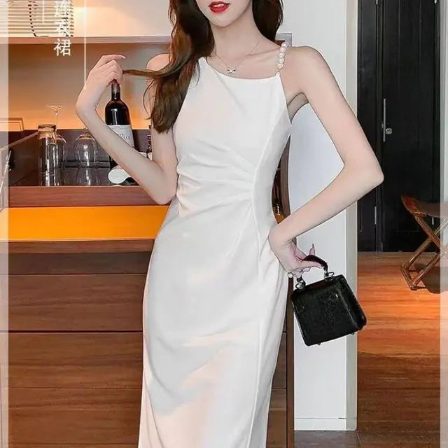 Women's Slim Pearl Strap Midi Dress for Summer 2024