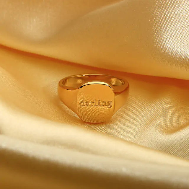 Engraved Letter Word Signet Ring: 18K Gold Plated Stainless Steel