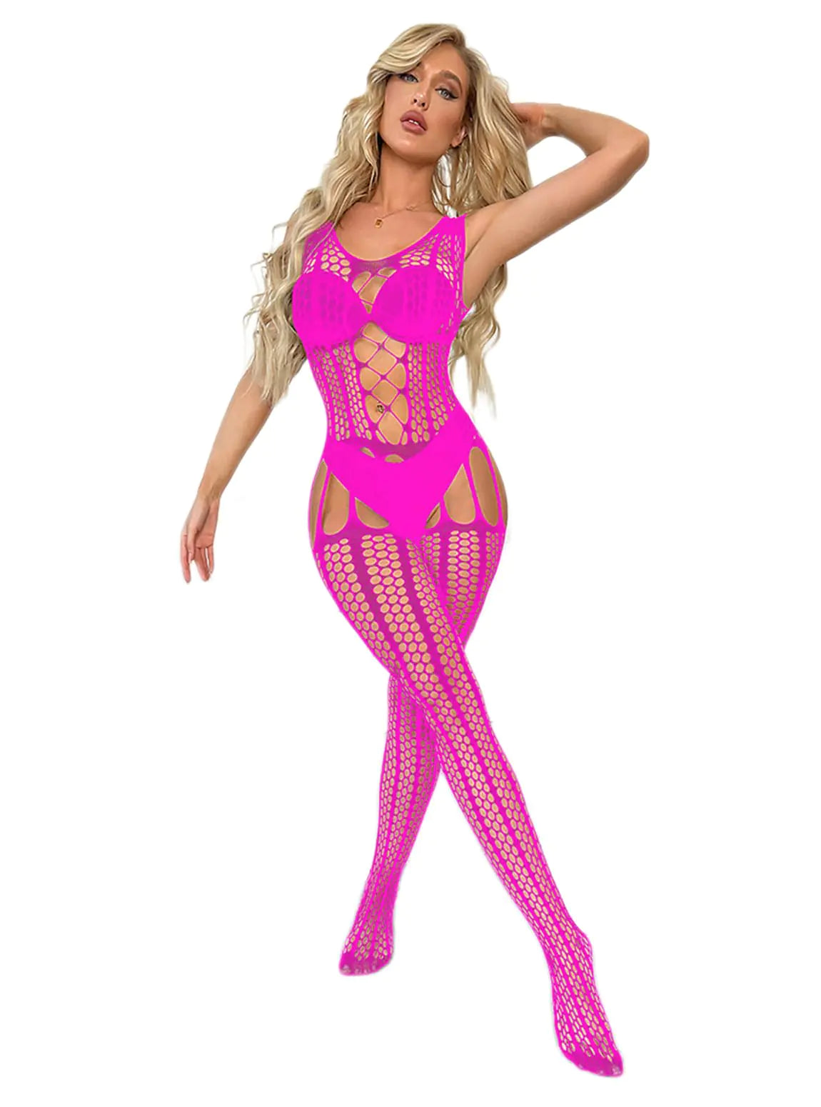 UAREBST Womens Fishnet Lingerie Mesh Chemise Babydoll Bodysuit Sexy Lingerie with Stockings Exotic Dancewear (Rose Red)