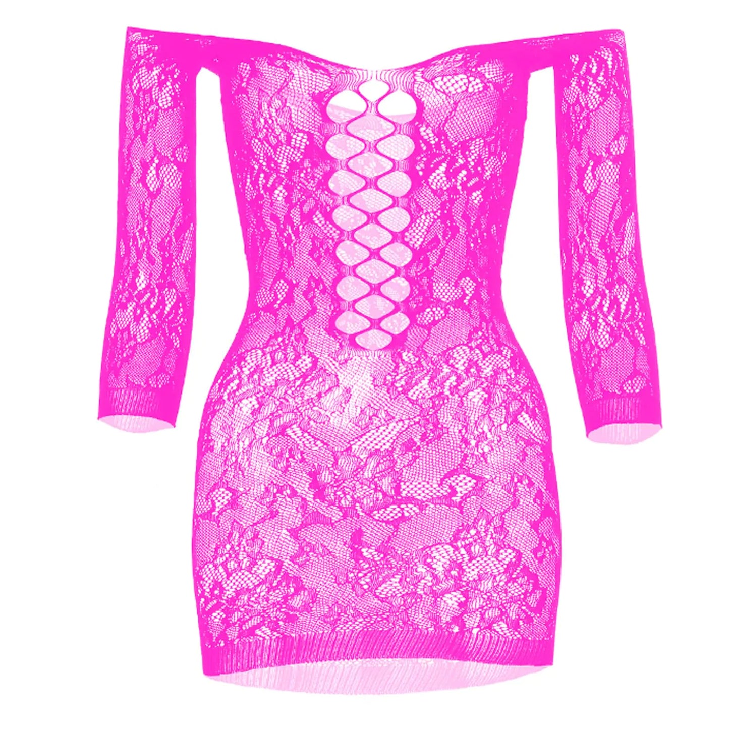 Tosmifairy Womens Mini Fishnet Lingerie Dress Sexy Off The Shoulder Sleepwear Chemise Stretchy BodysuitOne Size (Rose)