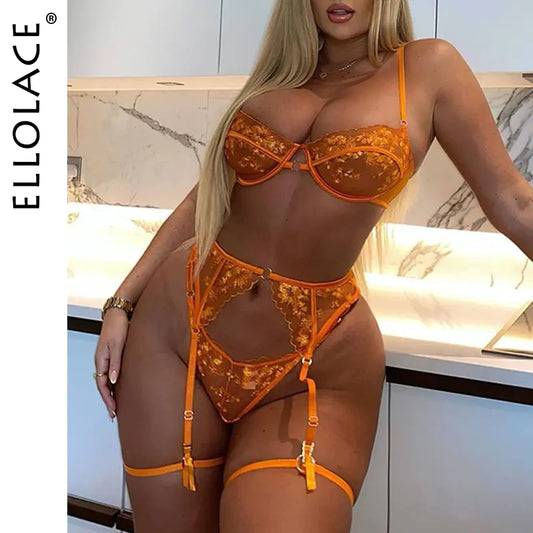 Ellolace Orange Lace Embroidery Lingerie Set - Sexy Transparent 3-Piece Mesh Bra and G String