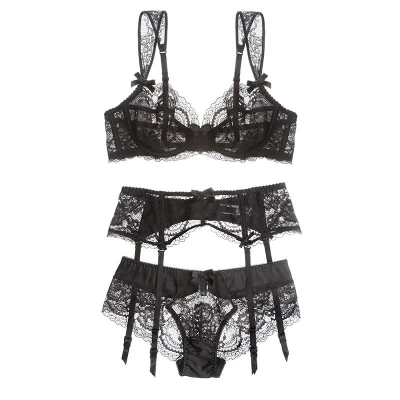 Lace Sheer Bra and Garter Belt Set for Women (3 Pieces)