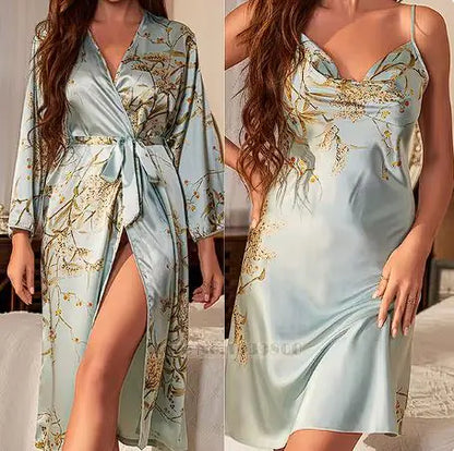 Cherry Print Satin Nightgown &amp; Robe Set