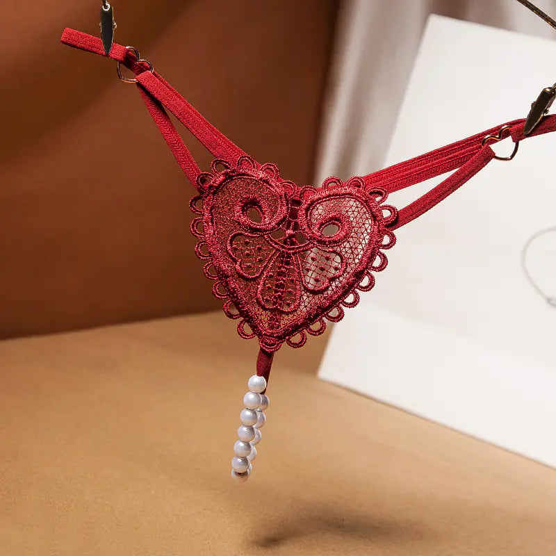 Vintage Pearl Heart Embellished Thong for Women