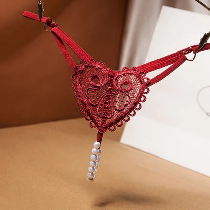 Vintage Pearl Heart Embellished Thong for Women