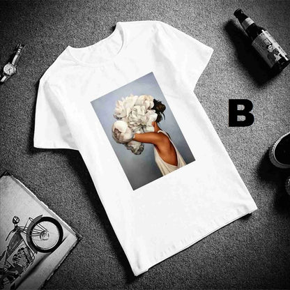 Sexy Flowers Feather Print Short Sleeve Tops