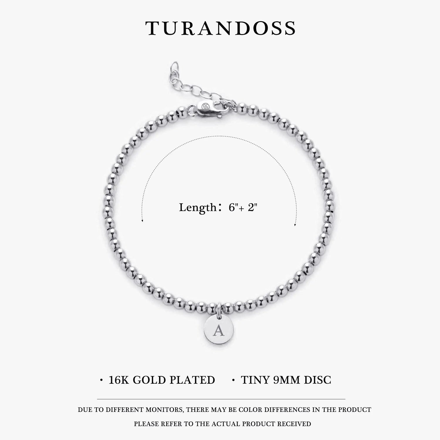 Turandoss Gold Initial Bracelet for Women - Dainty 14K Gold Plated Letter A-Z Charm Disc Bracelet for Women Trendy, Womens Gold Jewelry Beaded Bracelet Gifts K Silver